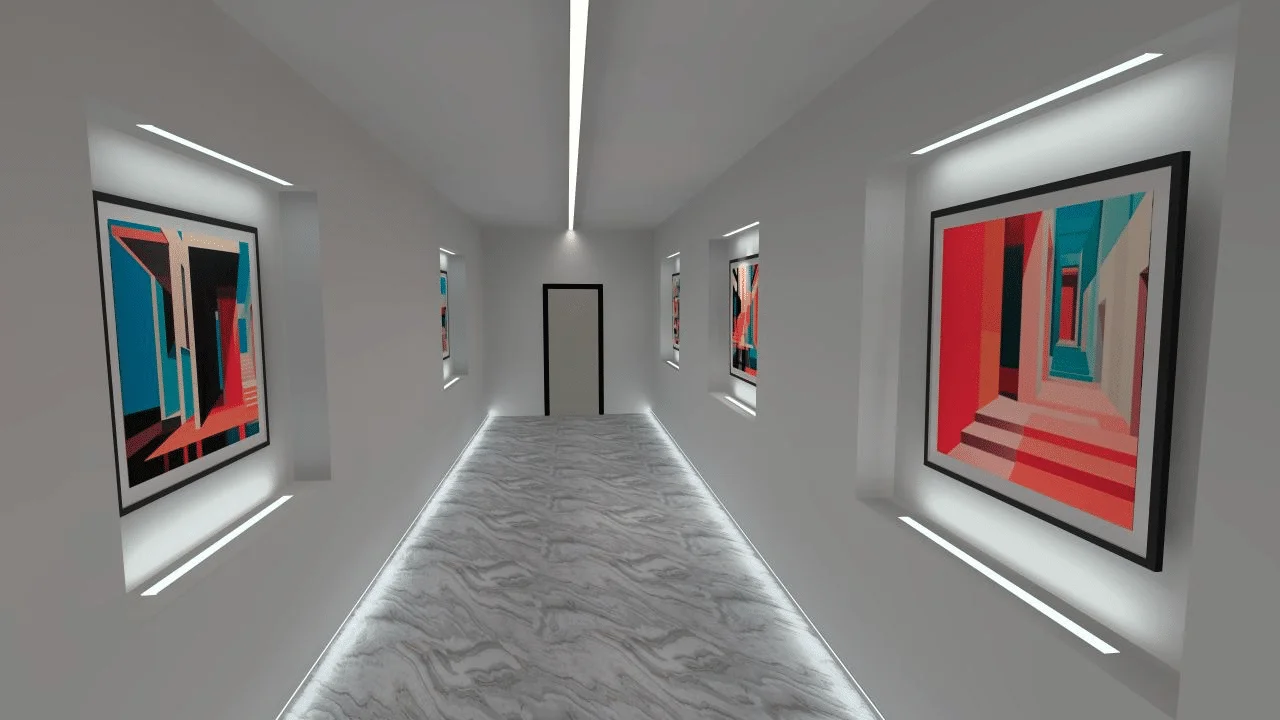 Sanat galerisi koridorunda lineer aydınlatma