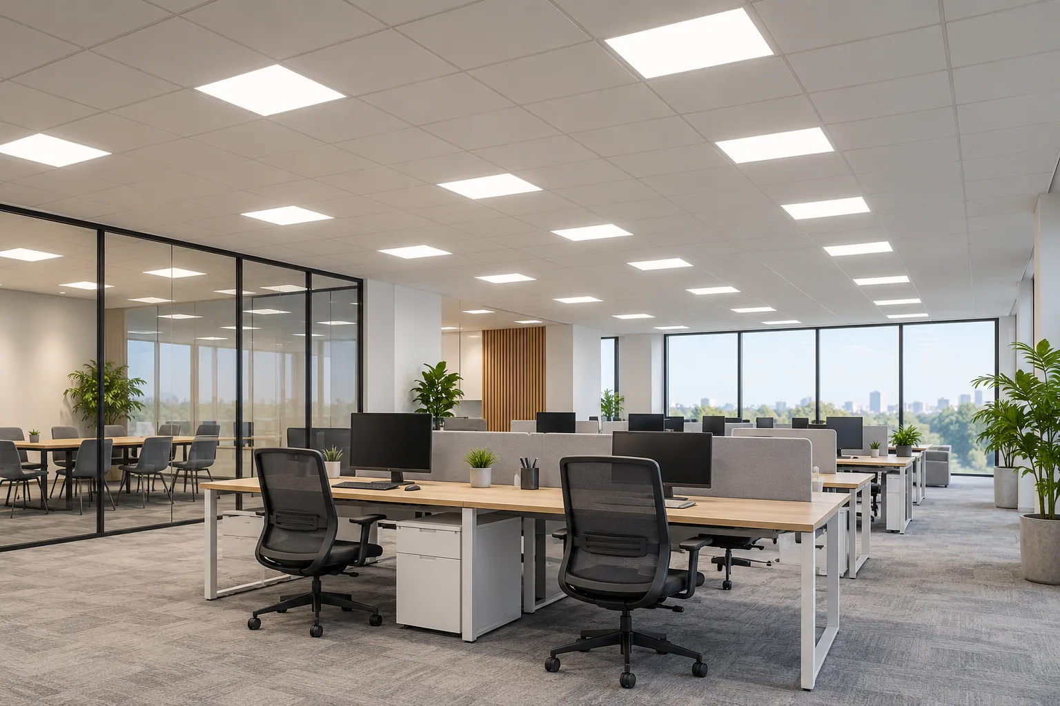 open plan office recessed led panel lighting