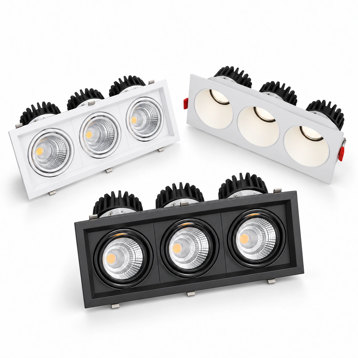 Üç yönlendirilebilir modüllü dikdörtgen downlight