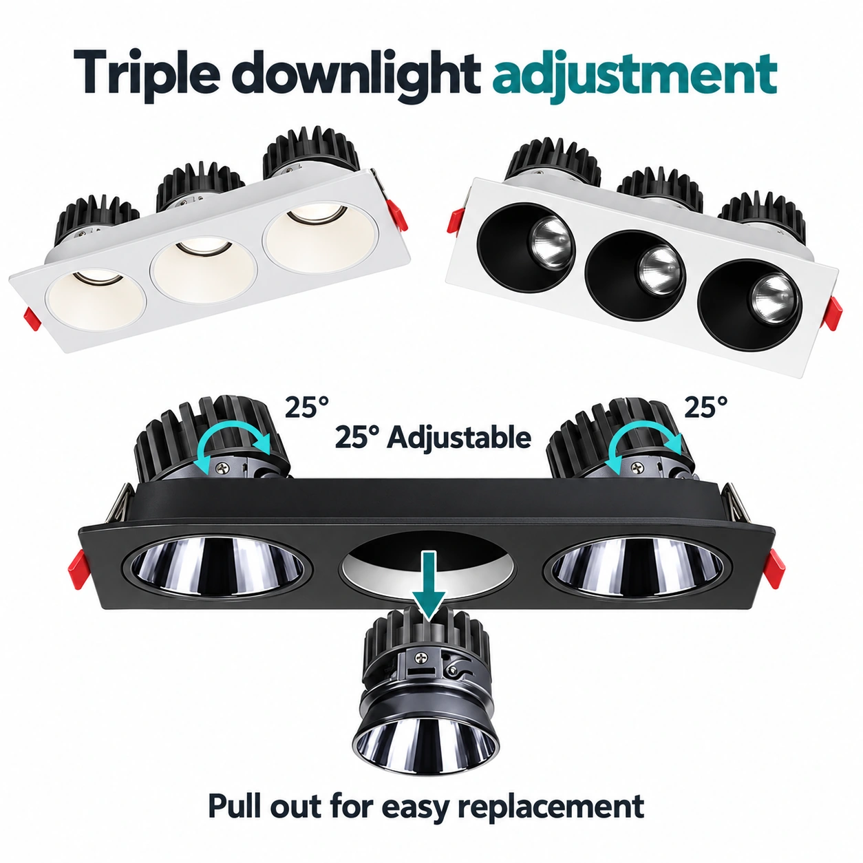 triple downlight 25 degree adjustment removable optical module