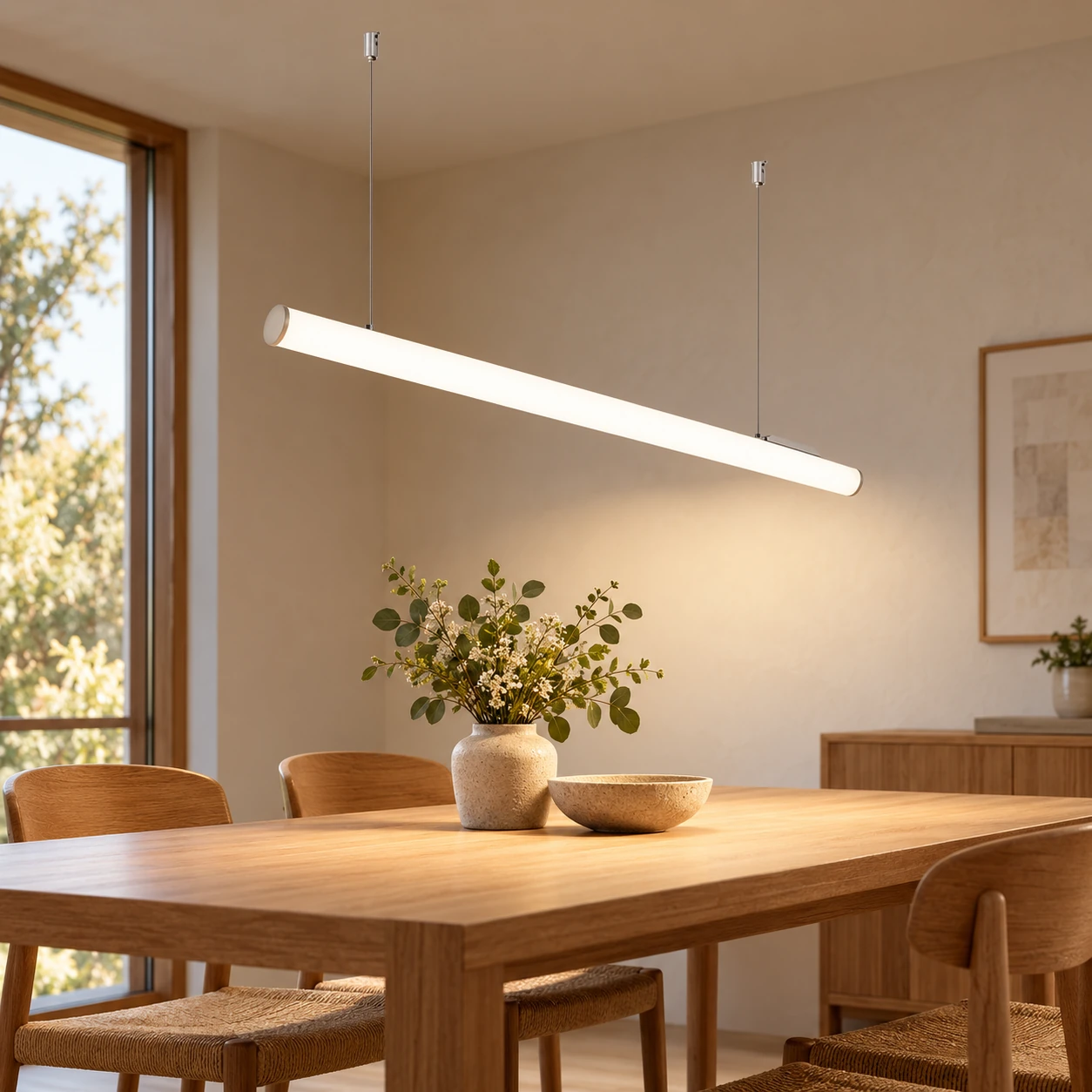 white cylindrical linear pendant dining room